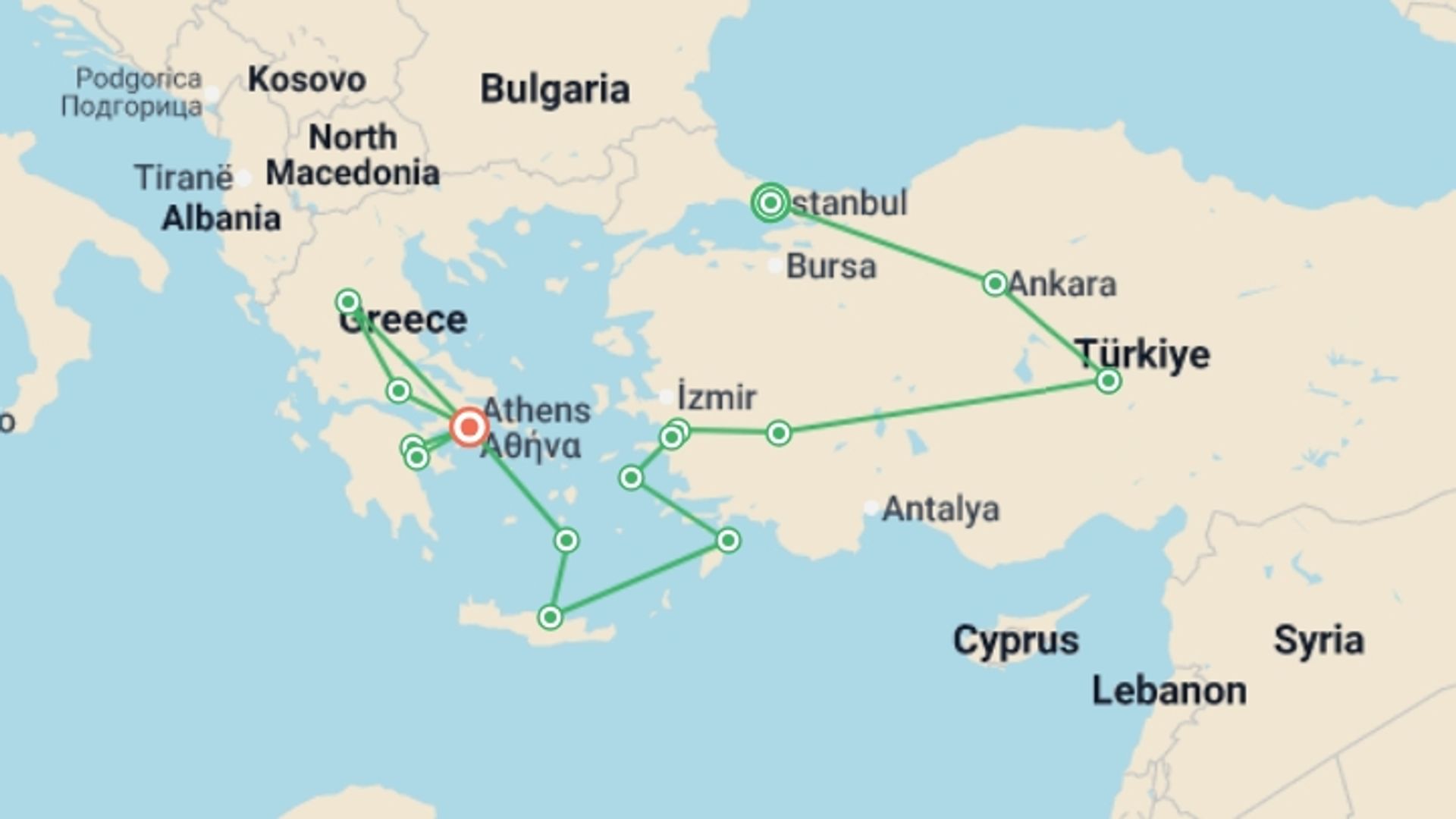 A map showing the tour itinerary for the trip: Highlights of Turkey & Greece - 16 days, starting in Istanbul, Turkey and ending in Athens, Greece going through 8 other destinations.