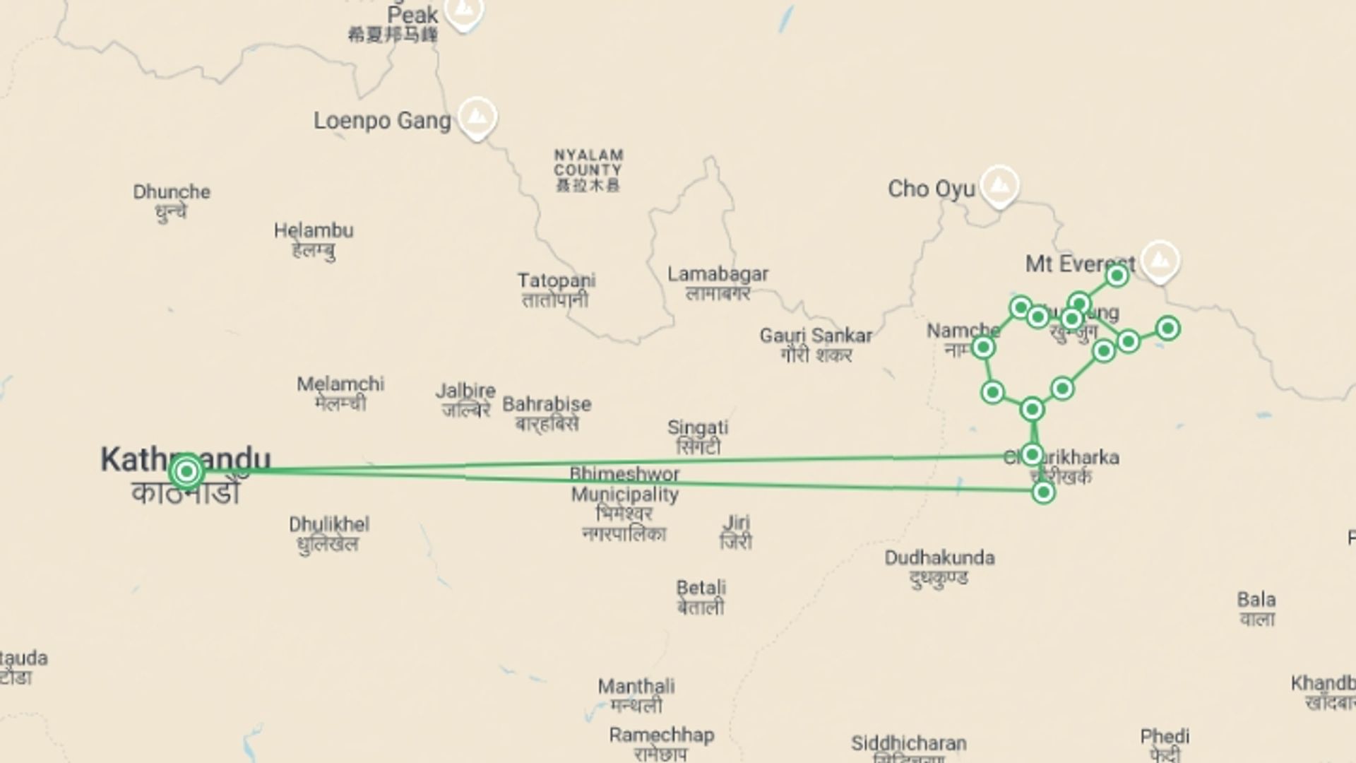 A map showing the tour itinerary for the trip: Island Peak Climbing + Everest 3 High Passes Trek, starting in Kathmandu, Nepal and ending in Kathmandu, Nepal going through 16 other destinations.