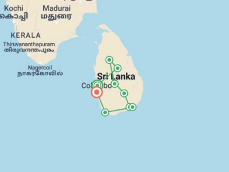 Map itinerary of Sri Lanka Tour in April 2027 with 9 destination visits for the trip: Sri Lanka Cultural Round Island