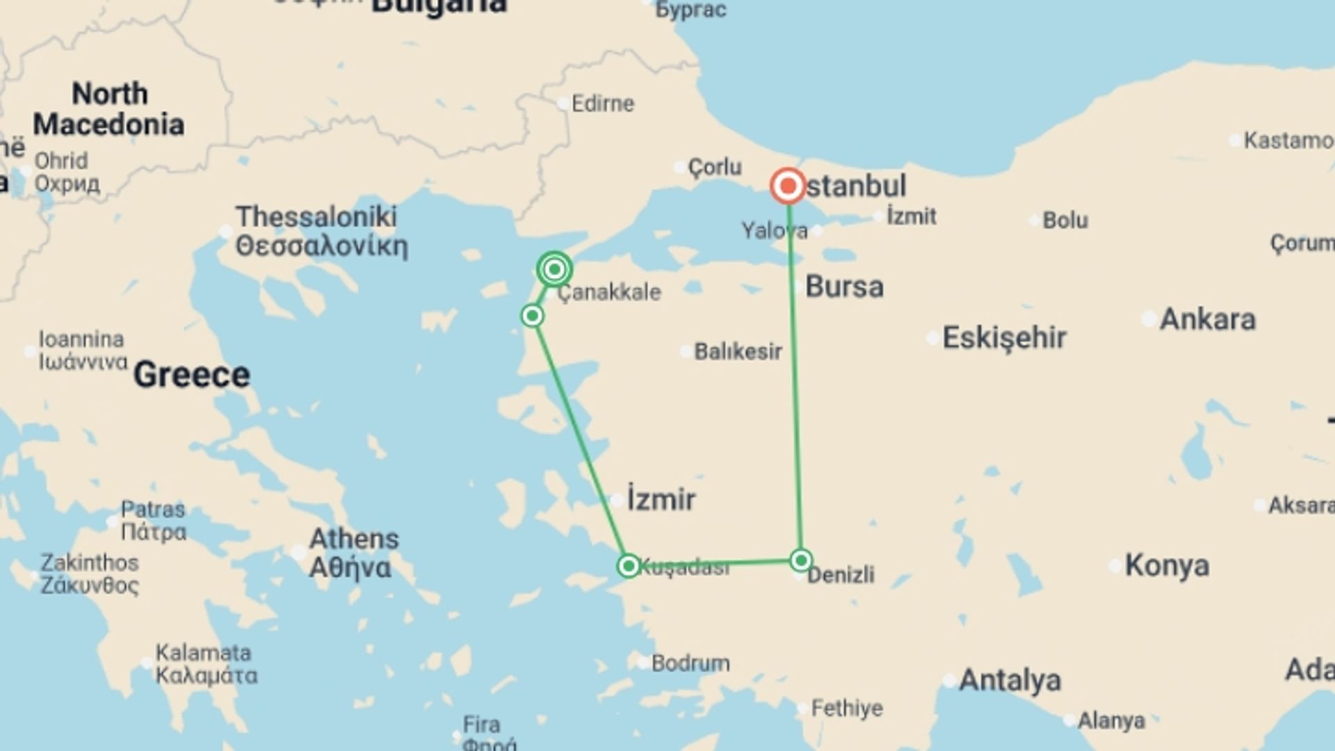 A map showing the tour itinerary for the trip: Aegean Trooper Tour, starting in Turkey and ending in Istanbul, Turkey going through 5 other destinations.