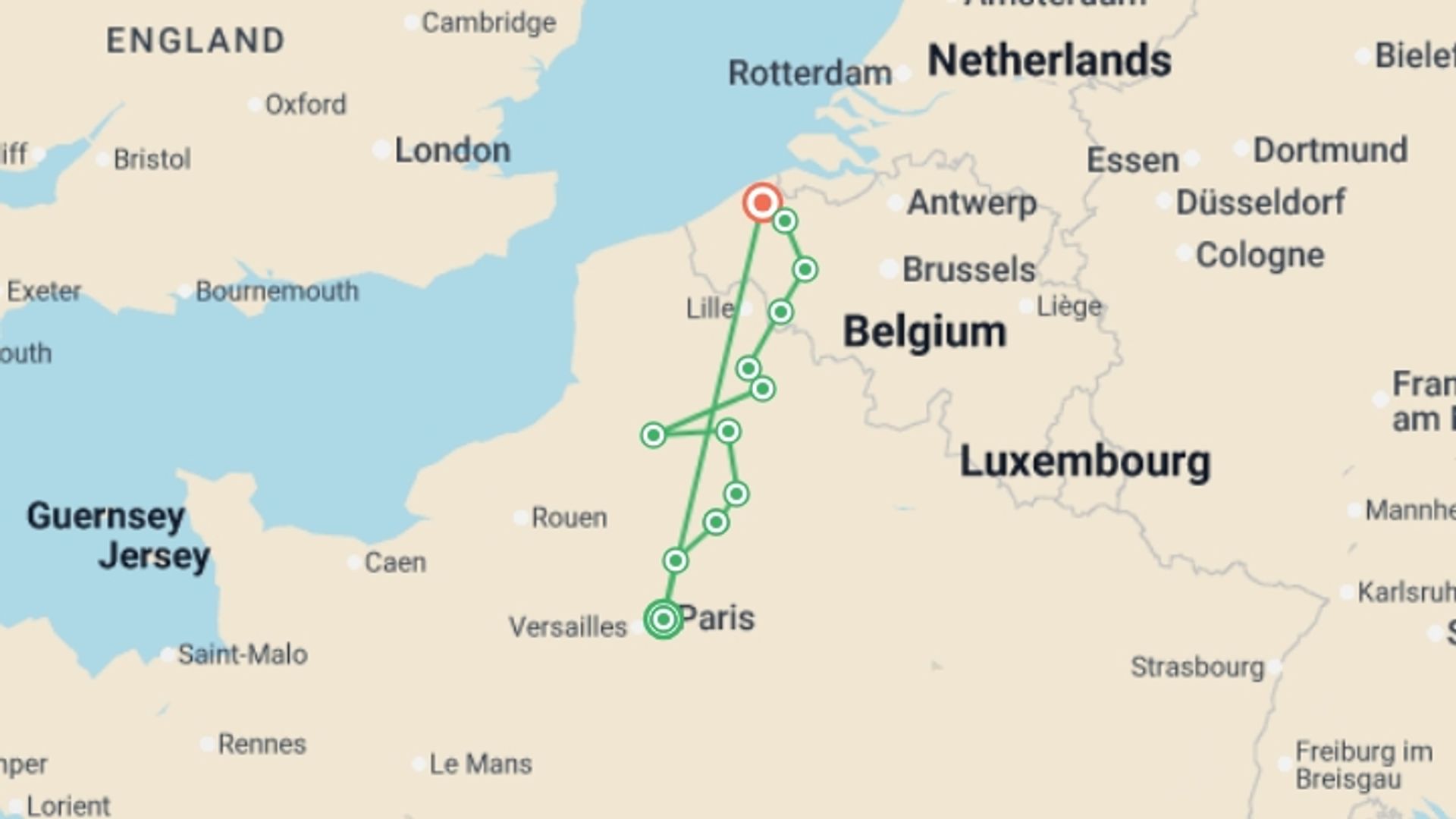 A map showing the tour itinerary for the trip: Paris to Bruges Bike and Barge, starting in Paris, France and ending in Bruges, Belgium going through 10 other destinations.
