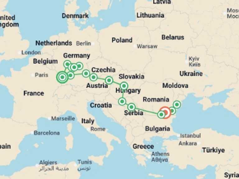 Map of Europe Tour with 17 destination visits for the trip: Trans-European cruise from France to the Iron Gates, 3 rivers, the Rhine, the Main and the Danube (port-to-port cruise)