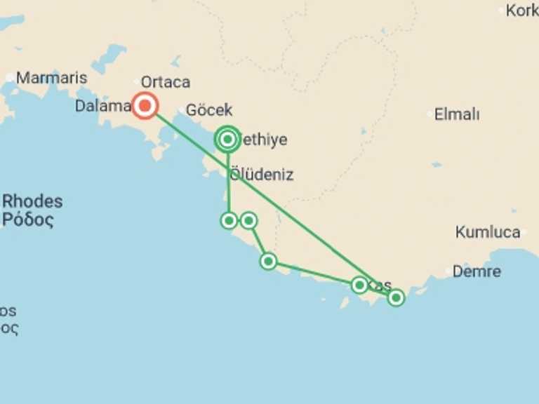 Map itinerary of Balkans Tour in October 2026 with 8 destination visits for the trip: Hiking Turkey's Lycian Way