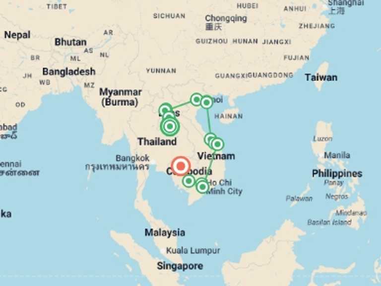 Map itinerary of Asia Tour in November 2026 with 15 destination visits for the trip: Jewels of Indochina