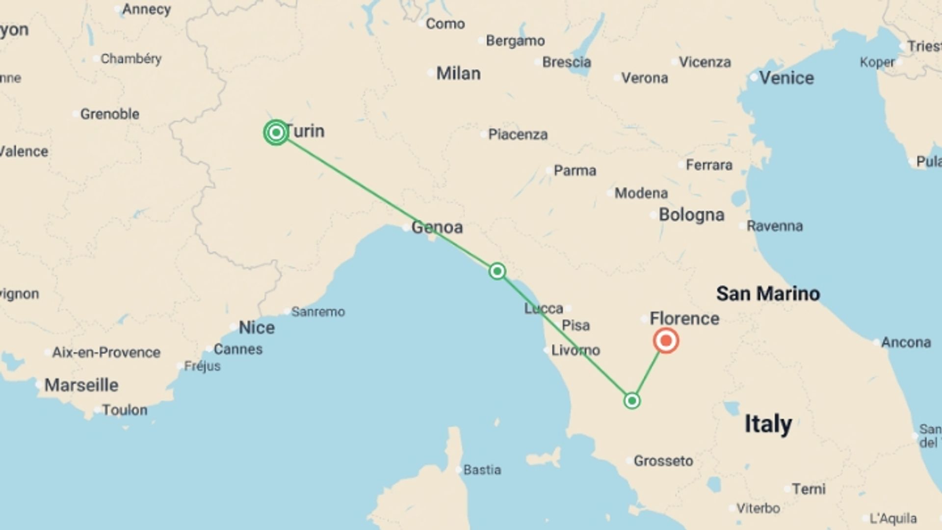 A map showing the tour itinerary for the trip: Tuscany and the Italian Riviera , starting in Turin, Italy and ending in Figline, Italy going through 2 other destinations.