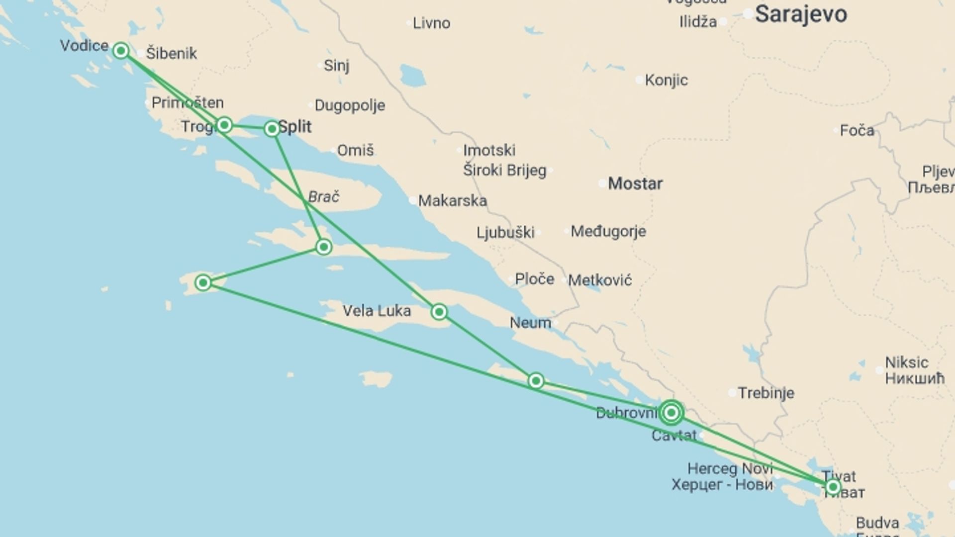 A map showing the tour itinerary for the trip: Croatia and Montenegro (port-to-port cruise), starting in Dubrovnik, Croatia and ending in Dubrovnik, Croatia going through 5 other destinations.
