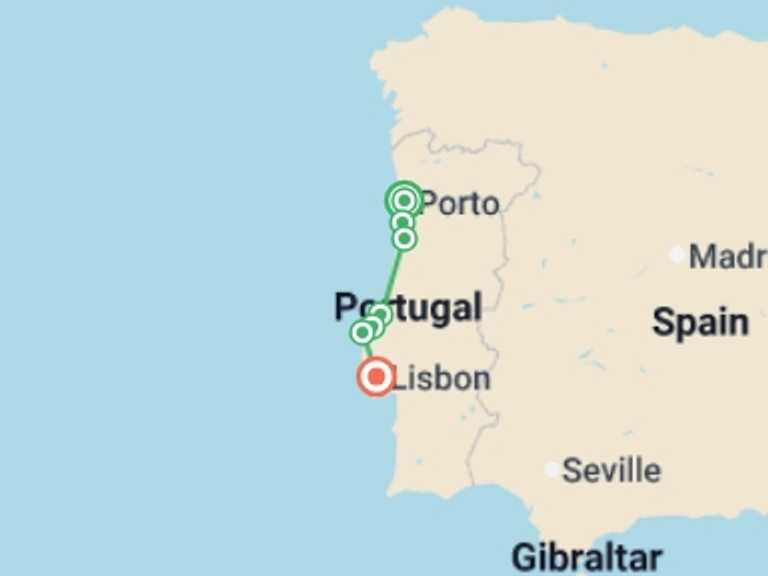 Map itinerary of Europe Tour in June 2026 with 7 destination visits for the trip: Cycling Portugal - Porto to Lisbon