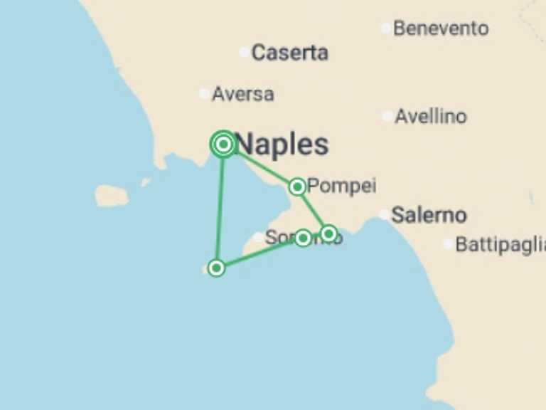 Map itinerary of Italy Tour in August 2027 with 4 destination visits for the trip: Premium Walking & Hiking on Italy's Amalfi Coast