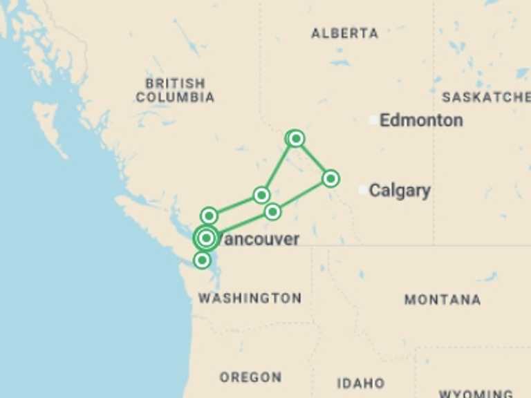 Map itinerary of North America Tour in August 2026 with 8 destination visits for the trip: Panoramic Canadian Rockies