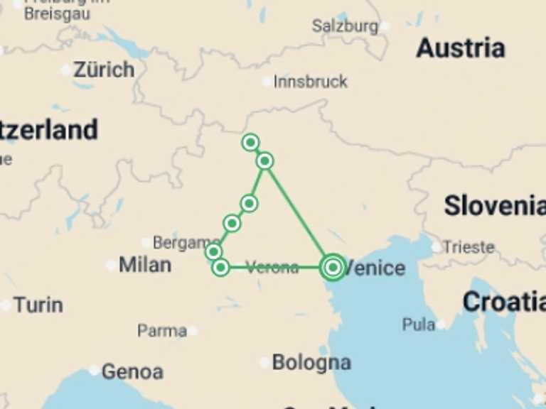 Map of Venice Tour with 8 destination visits for the trip: Cycle Dolomites, Lake Garda and Verona