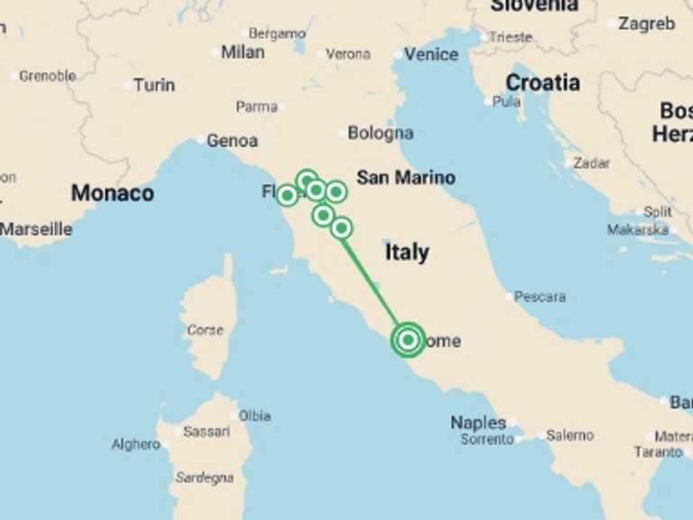 Map of Mediterranean Tour with 5 destination visits for the trip: Rome and Tuscan Highlights