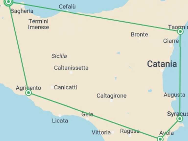Map itinerary of Syracuse Tour in July 2026 with 5 destination visits for the trip: Sicily Grand Tour, Self-drive