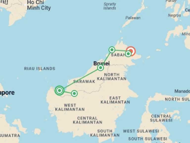 Map itinerary of South East Asia Tour in June 2027 with 6 destination visits for the trip: Premium Borneo in Depth