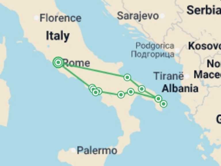 Map itinerary of Europe Tour in May 2026 with 4 destination visits for the trip: Puglia, Pompeii & Amalfi - 6 days