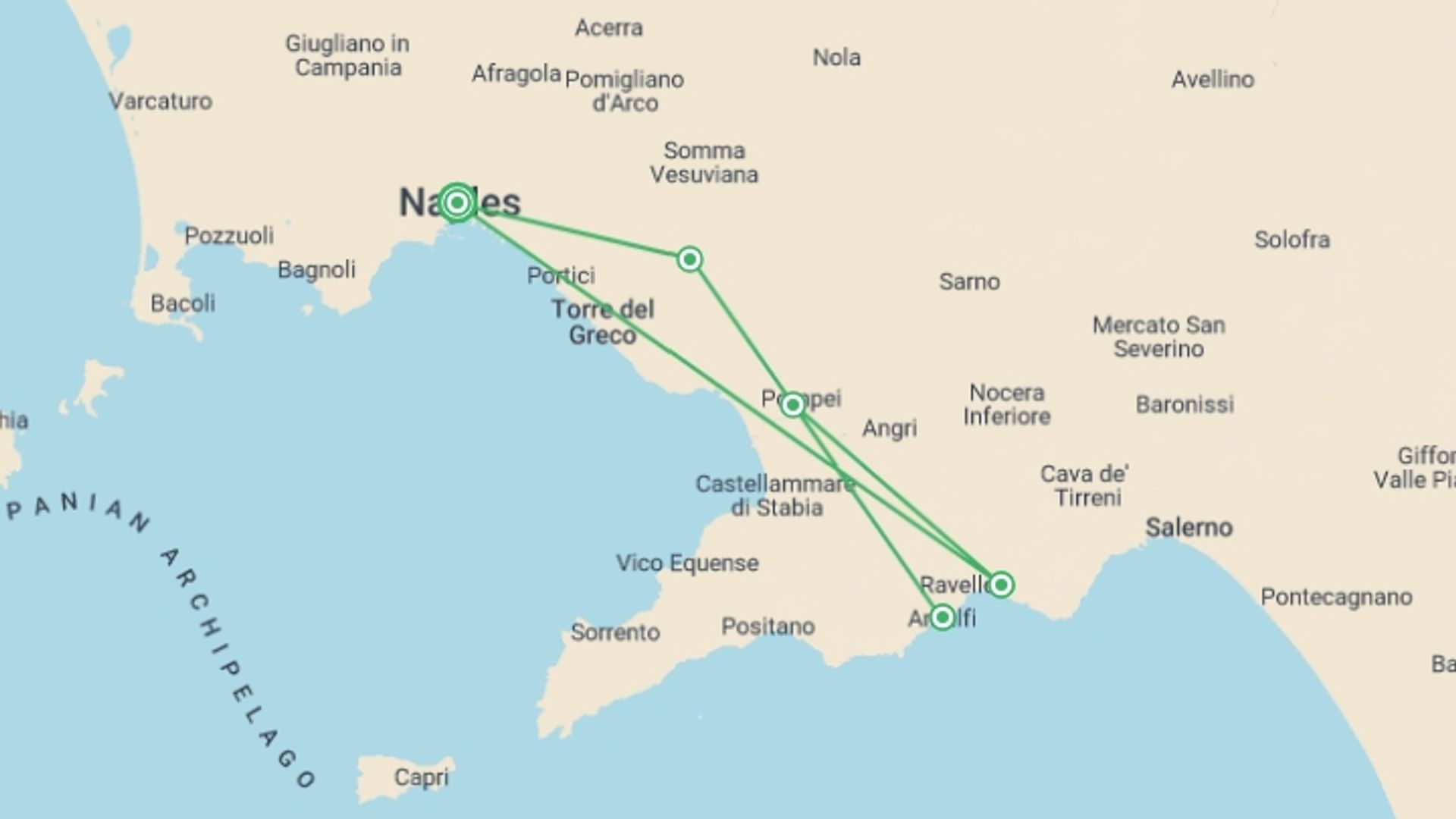 A map showing the tour itinerary for the trip: Family Amalfi Coast Adventure, starting in Naples, Italy and ending in Naples, Italy going through 4 other destinations.