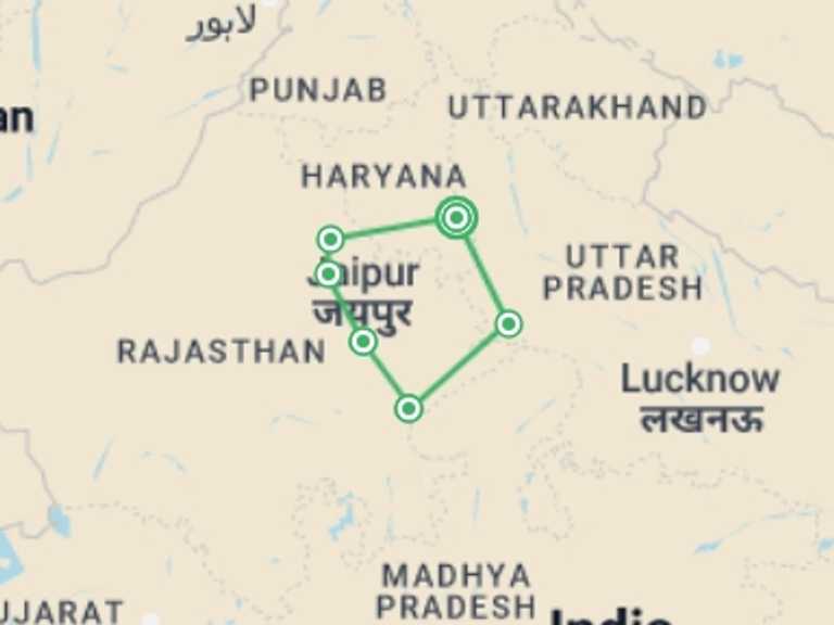 Map itinerary of India Tour in September 2027 with 7 destination visits for the trip: Northern India Family Holiday