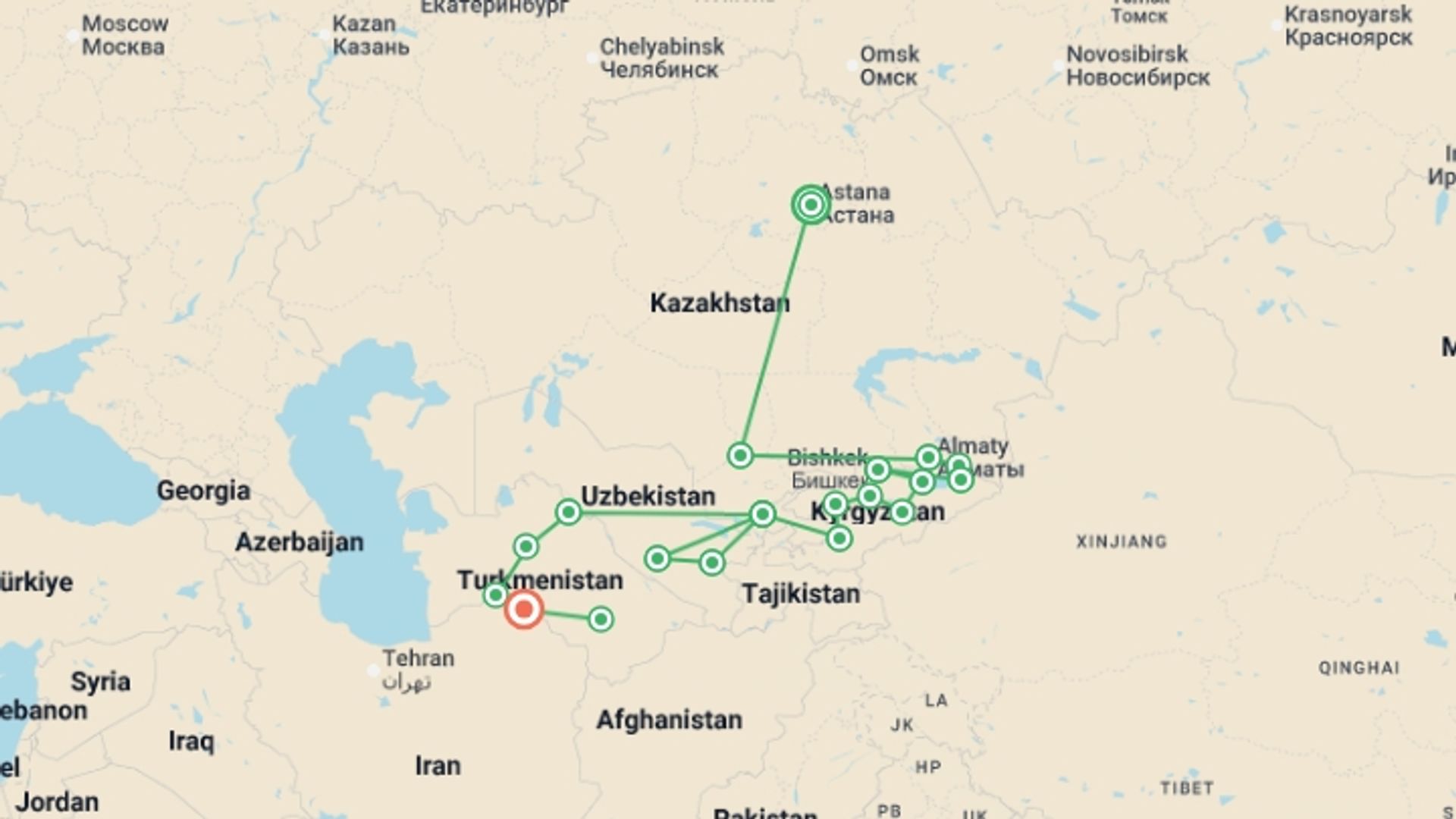 A map showing the tour itinerary for the trip: Central Asia Adventure: Astana to Ashgabat, starting in Astana, Kazakhstan and ending in Ashgabat, Turkmenistan going through 9 other destinations.