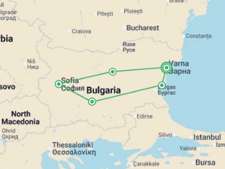 Map itinerary of Europe Tour in Spring with 4 destination visits for the trip: Explore Bulgaria In A Week, Self-drive