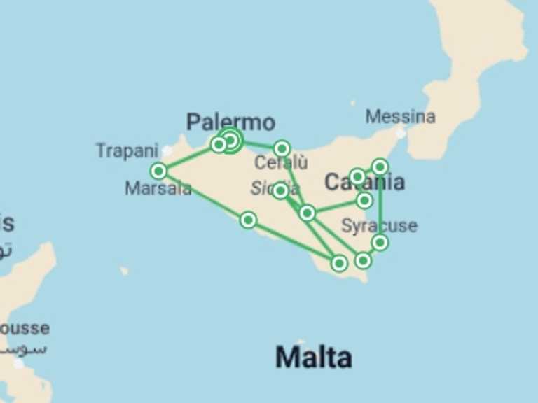 Map itinerary of Italy Tour in August 2027 with 7 destination visits for the trip: Private Tour of Sicily from Palermo