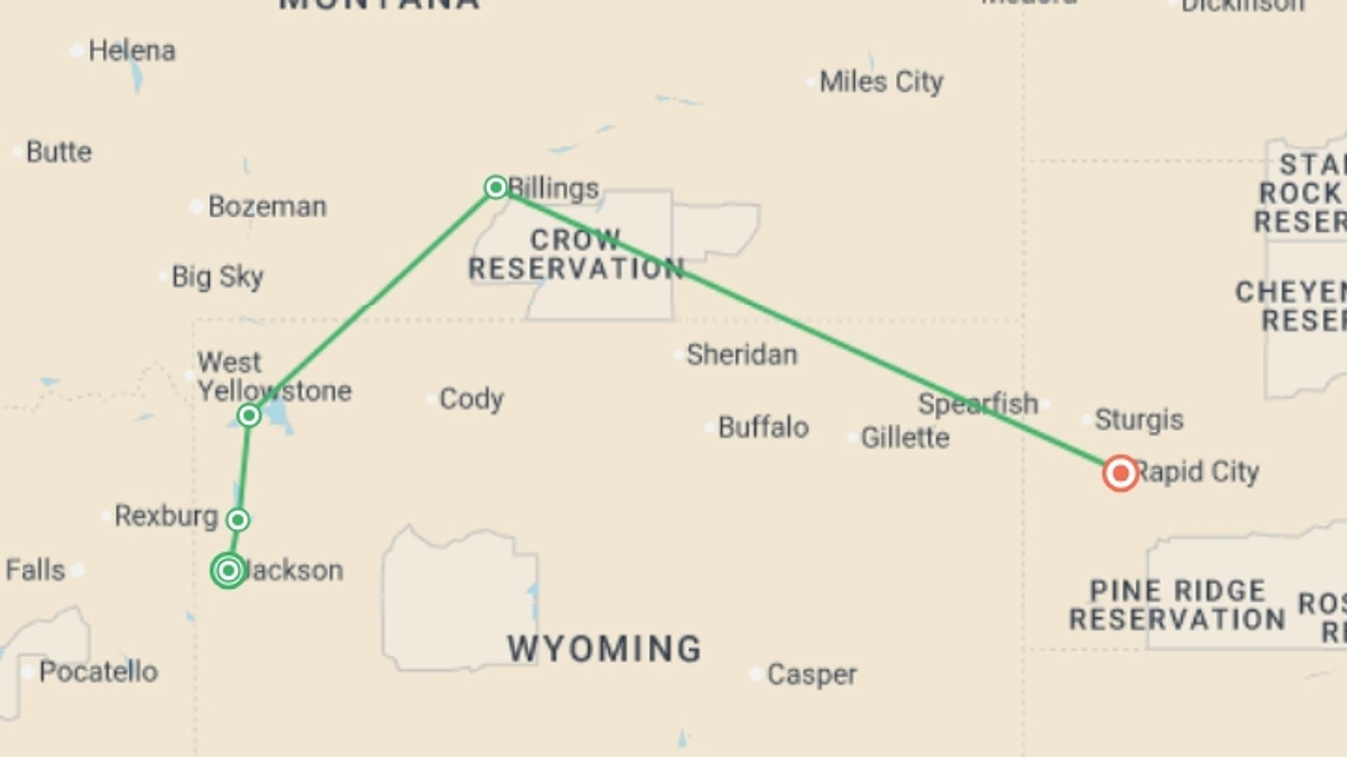A map showing the tour itinerary for the trip: National Park Wonders, starting in Jackson, USA and ending in Rapid City, USA going through 4 other destinations.