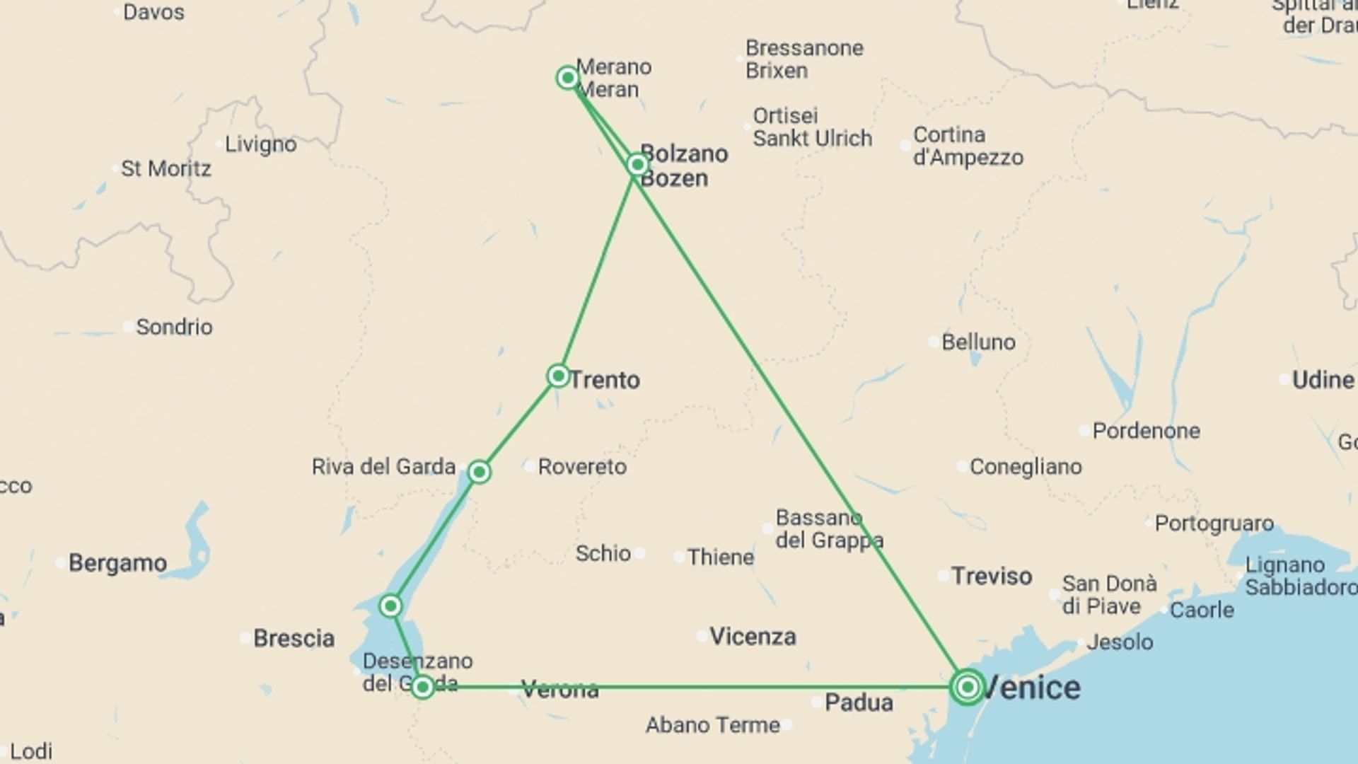 A map showing the tour itinerary for the trip: Cycle Dolomites, Lake Garda and Verona, starting in Venice, Italy and ending in Venice, Italy going through 7 other destinations.