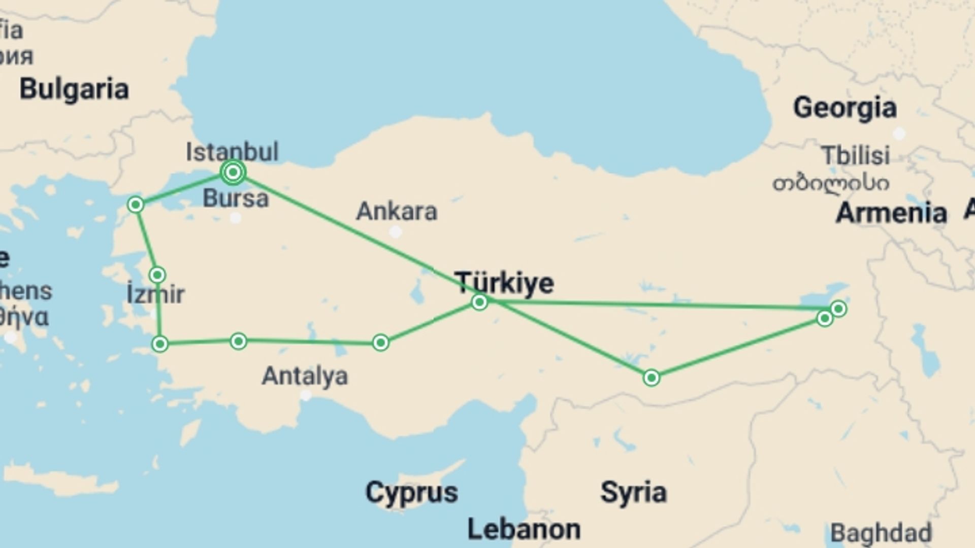 A map showing the tour itinerary for the trip: Magic Explorer Tour, starting in Istanbul, Turkey and ending in Istanbul, Turkey going through 9 other destinations.