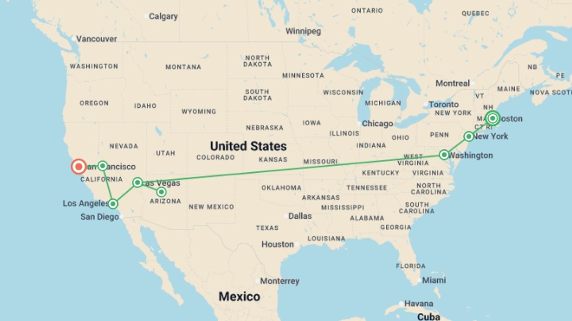 A map showing the tour itinerary for the trip: Essential East & West Coast Explorer - 13 days, starting in Boston, USA and ending in San Francisco, USA going through 6 other destinations.