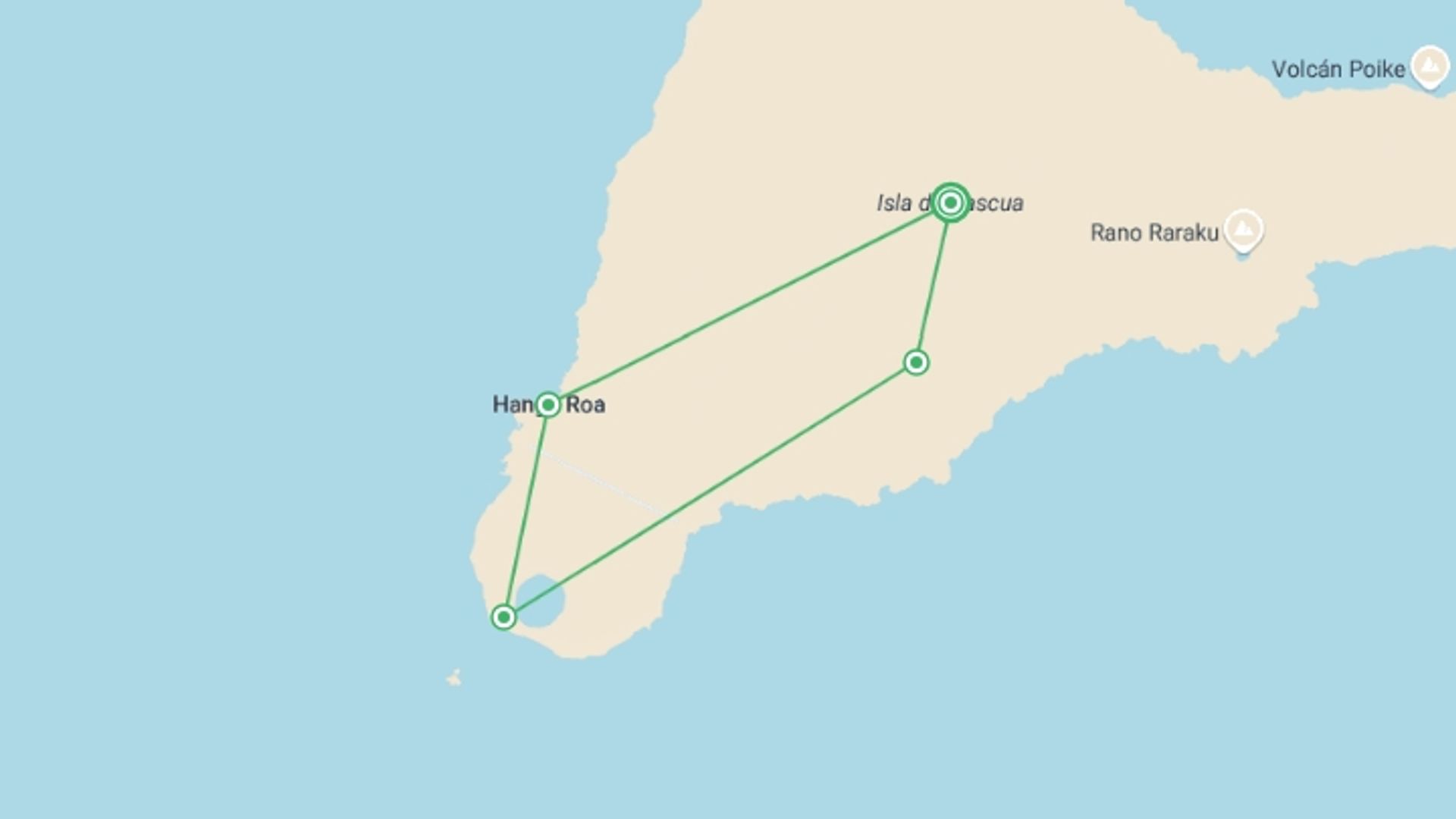 A map showing the tour itinerary for the trip: 4-Day Trip Best of Easter Island, starting in Easter Island, Chile and ending in Easter Island, Chile going through 4 other destinations.