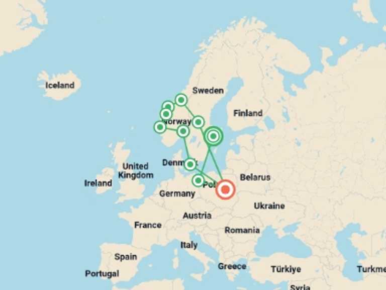 Map of Scandinavia Tour with 10 destination visits for the trip: Legendary Fjords and Northern Poland End Warsaw