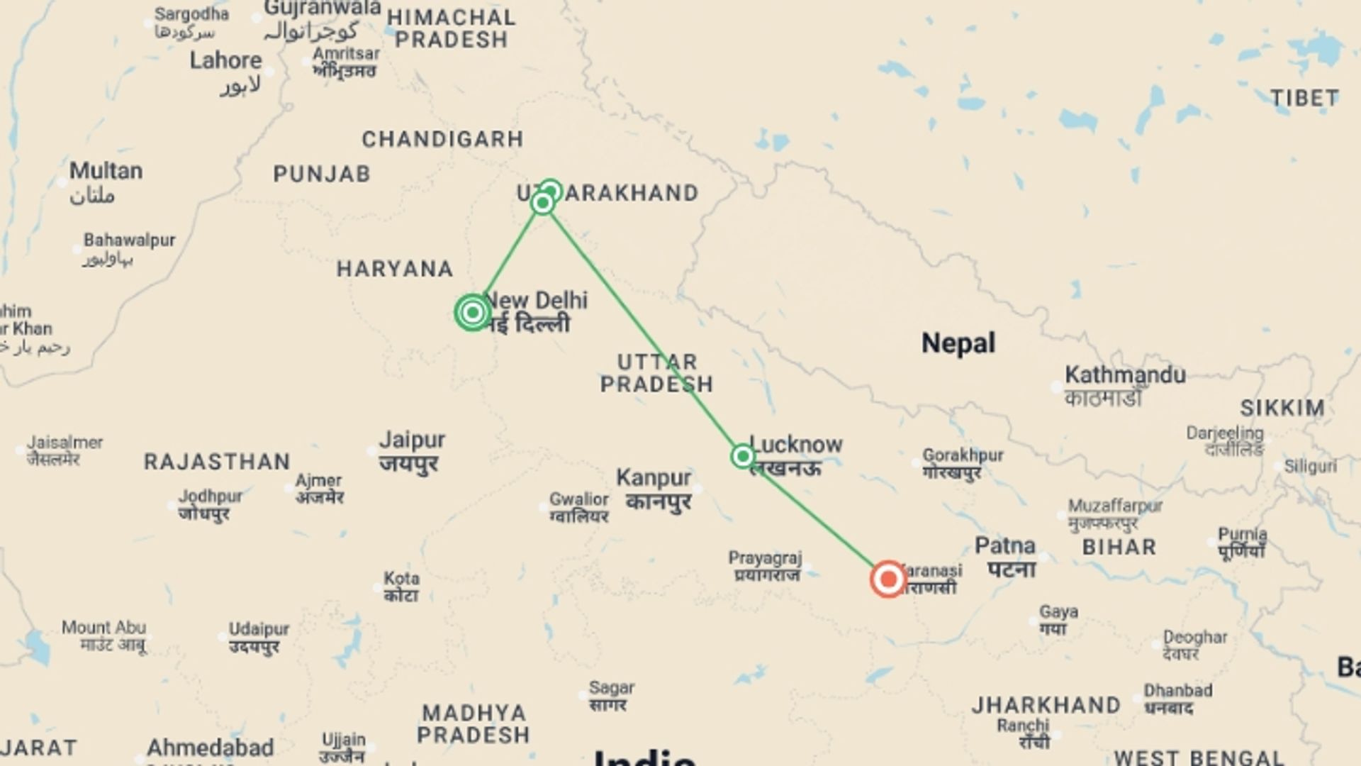 A map showing the tour itinerary for the trip: India: Delhi to Varanasi by Train , starting in New Delhi, India and ending in Varanasi, India going through 2 other destinations.