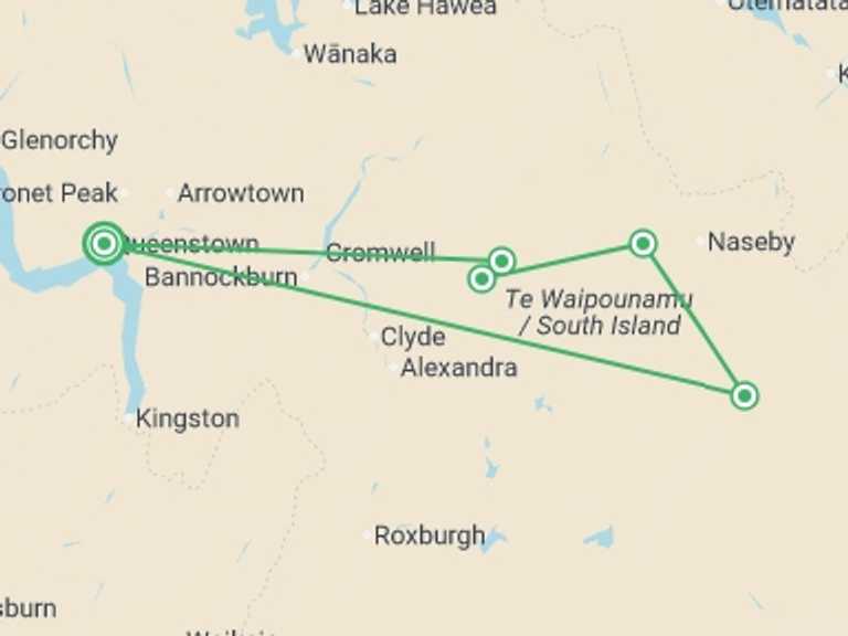 Map itinerary of Oceania Tour in January 2027 with 4 destination visits for the trip: Cycle New Zealand: Otago Rail Trail