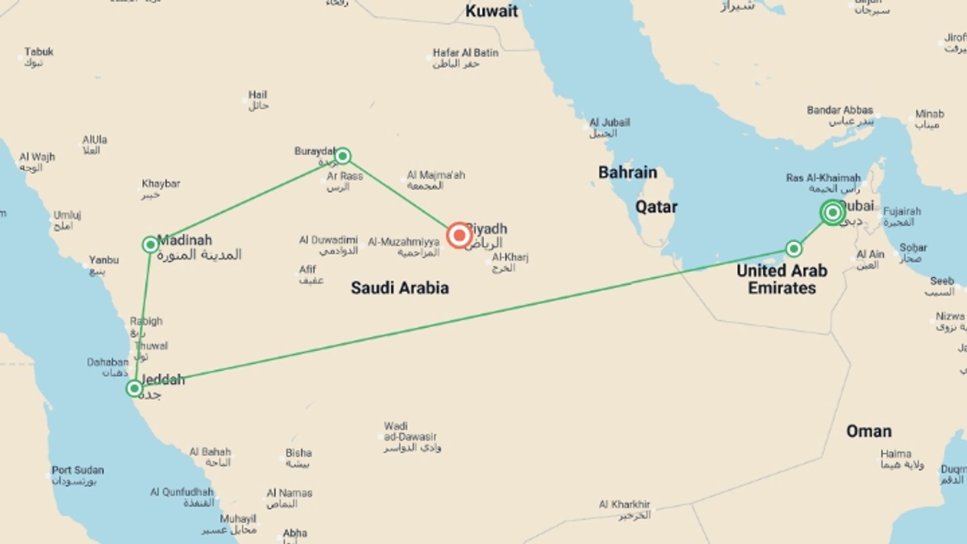 A map showing the tour itinerary for the trip: Emirates and Classics of Arabia end Riad, starting in Dubai, UAE and ending in Riyadh, Saudi Arabia going through 4 other destinations.