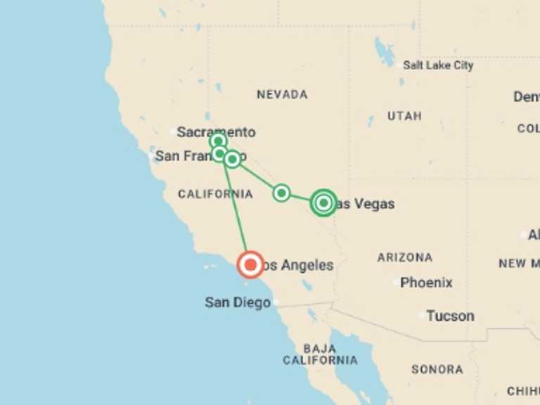 Map itinerary of USA Tour in Spring with 5 destination visits for the trip: California's Great National Parks