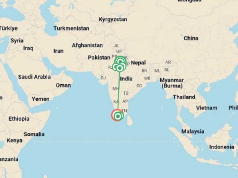 Map itinerary of Asia Tour in November 2026 with 9 destination visits for the trip: Golden Triangle & Kerala - 15 days