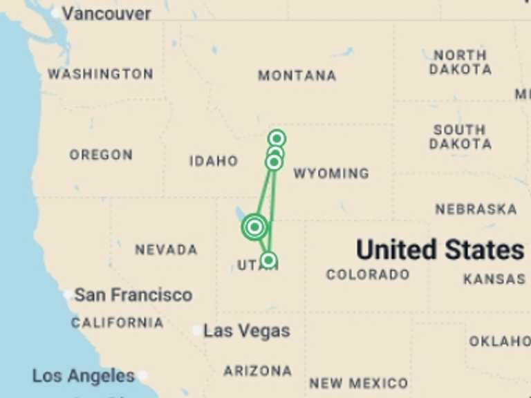 Map itinerary of North America Tour in May 2027 with 4 destination visits for the trip: Wild Grand Teton & Yellowstone - 8 days