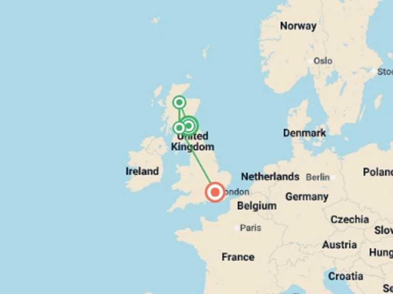 Map of Glasgow City sightseeing Tour with 4 destination visits for the trip: Scotland end London