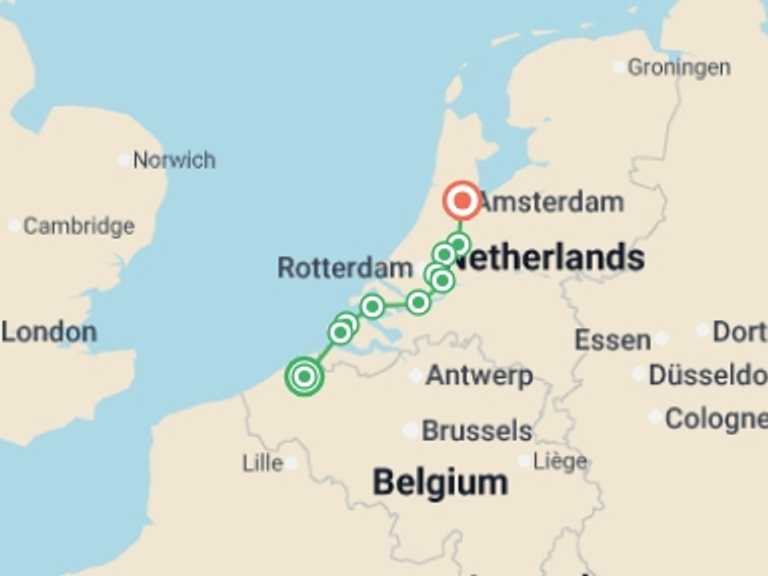 Map itinerary of Europe Tour in May 2026 with 8 destination visits for the trip: Cycle Bruges to Amsterdam