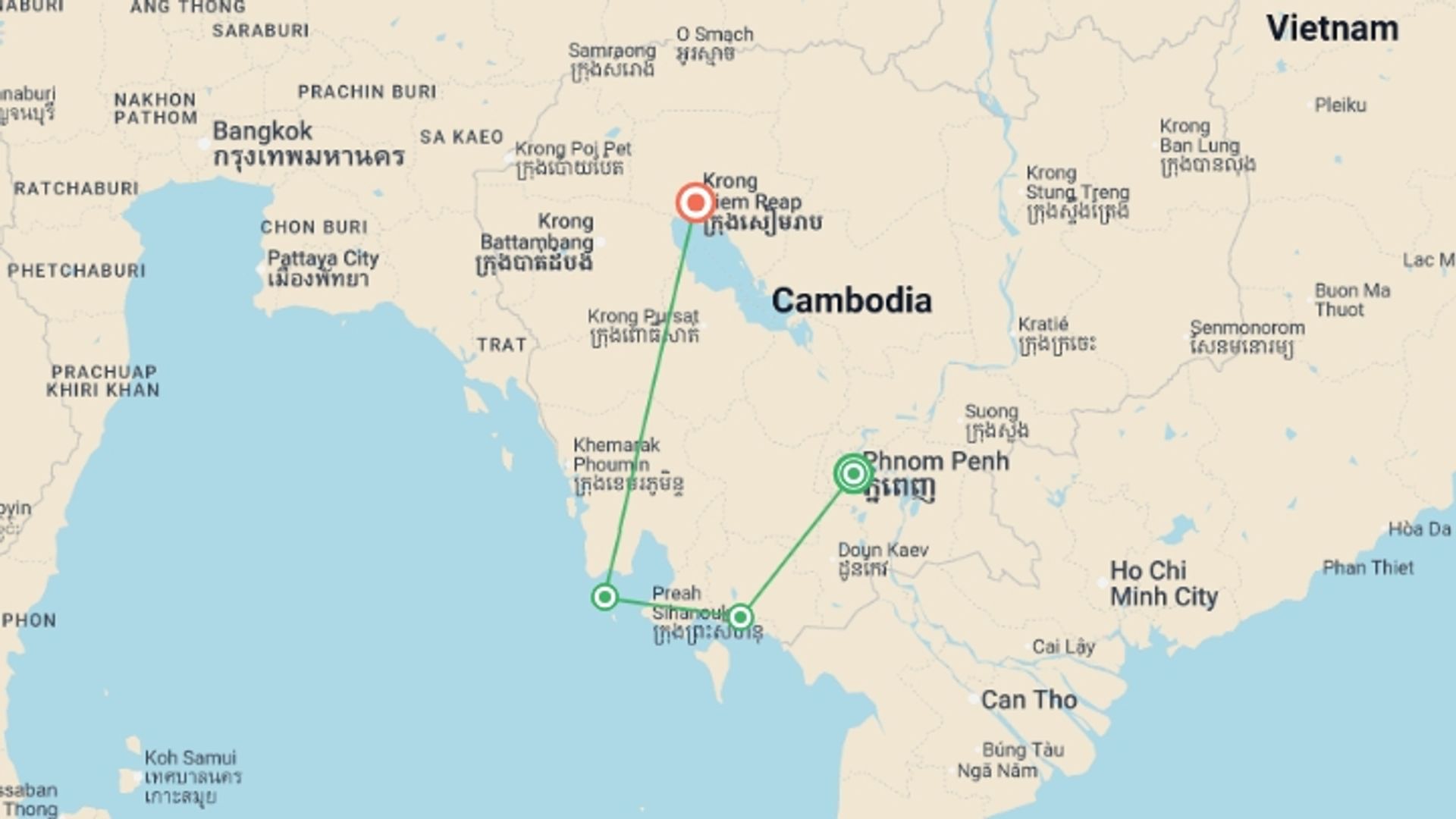 A map showing the tour itinerary for the trip: Cambodia Intro, starting in Phnom Penh, Cambodia and ending in Siem Reap, Cambodia going through 3 other destinations.