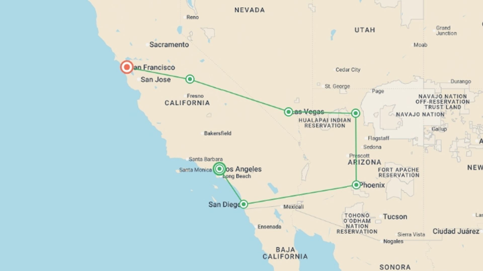 A map showing the tour itinerary for the trip: LA to the Bay, starting in Los Angeles, USA and ending in San Francisco, USA going through 5 other destinations.