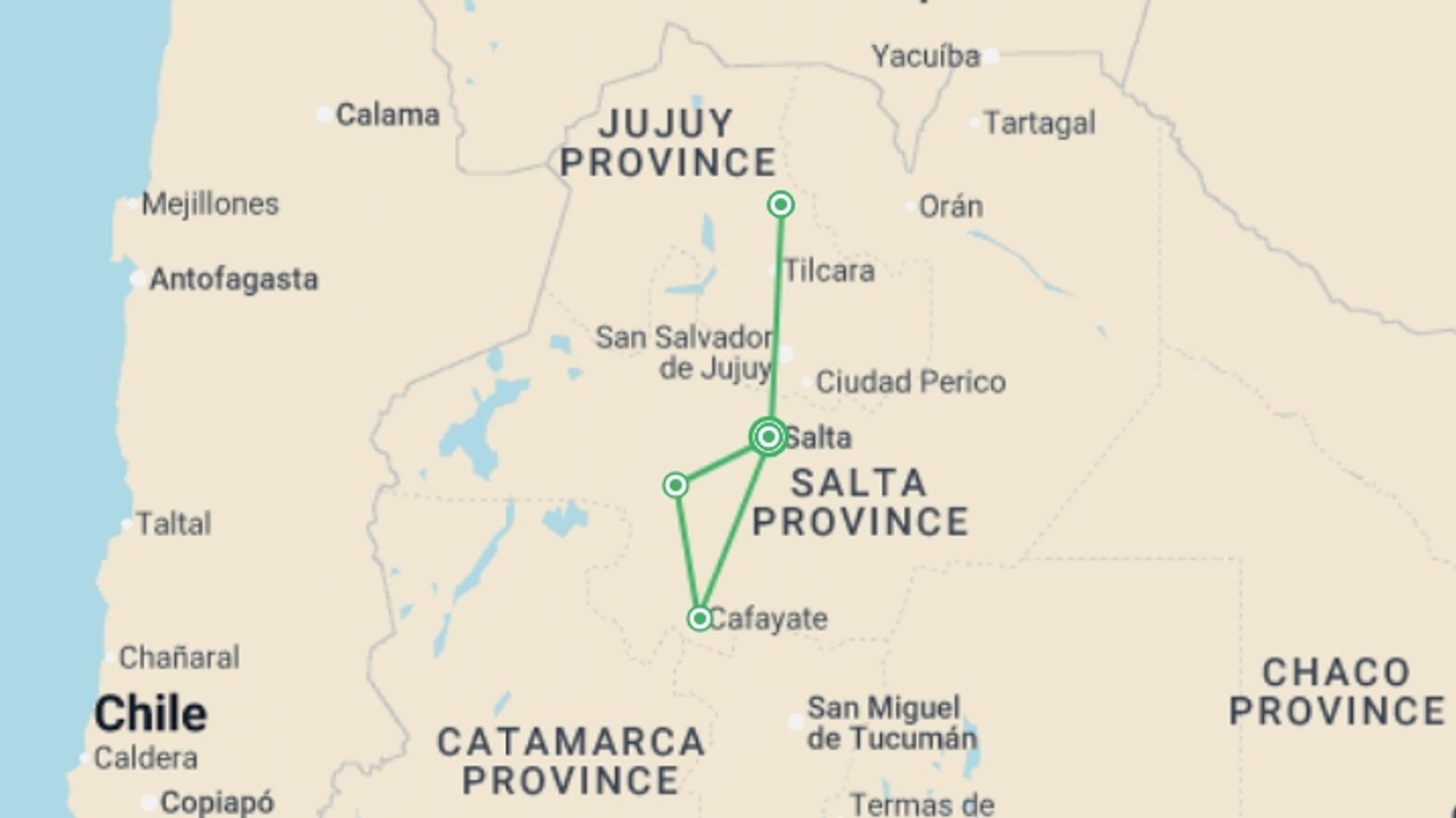 A map showing the tour itinerary for the trip: Crossing Northwest Argentina's Valleys and Ravines, starting in Salta, Argentina and ending in Salta, Argentina going through 2 other destinations.