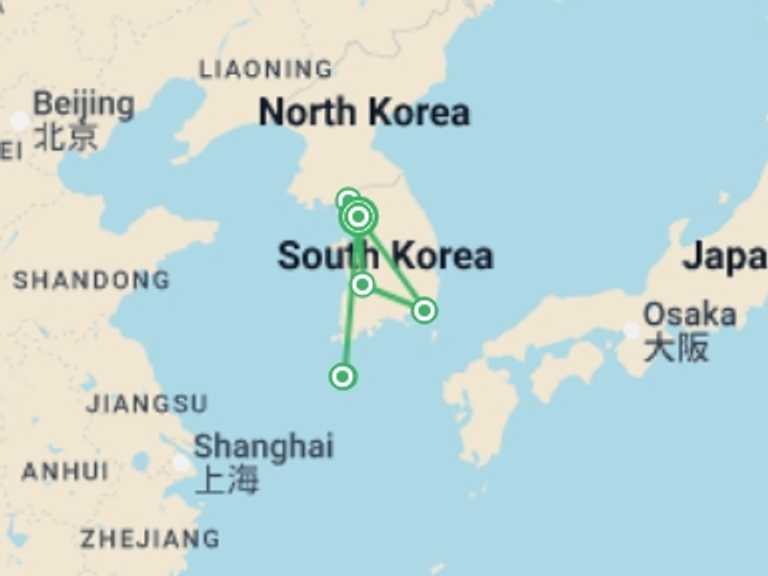 Map of Asia Tour with 6 destination visits for the trip: South Korean Soul