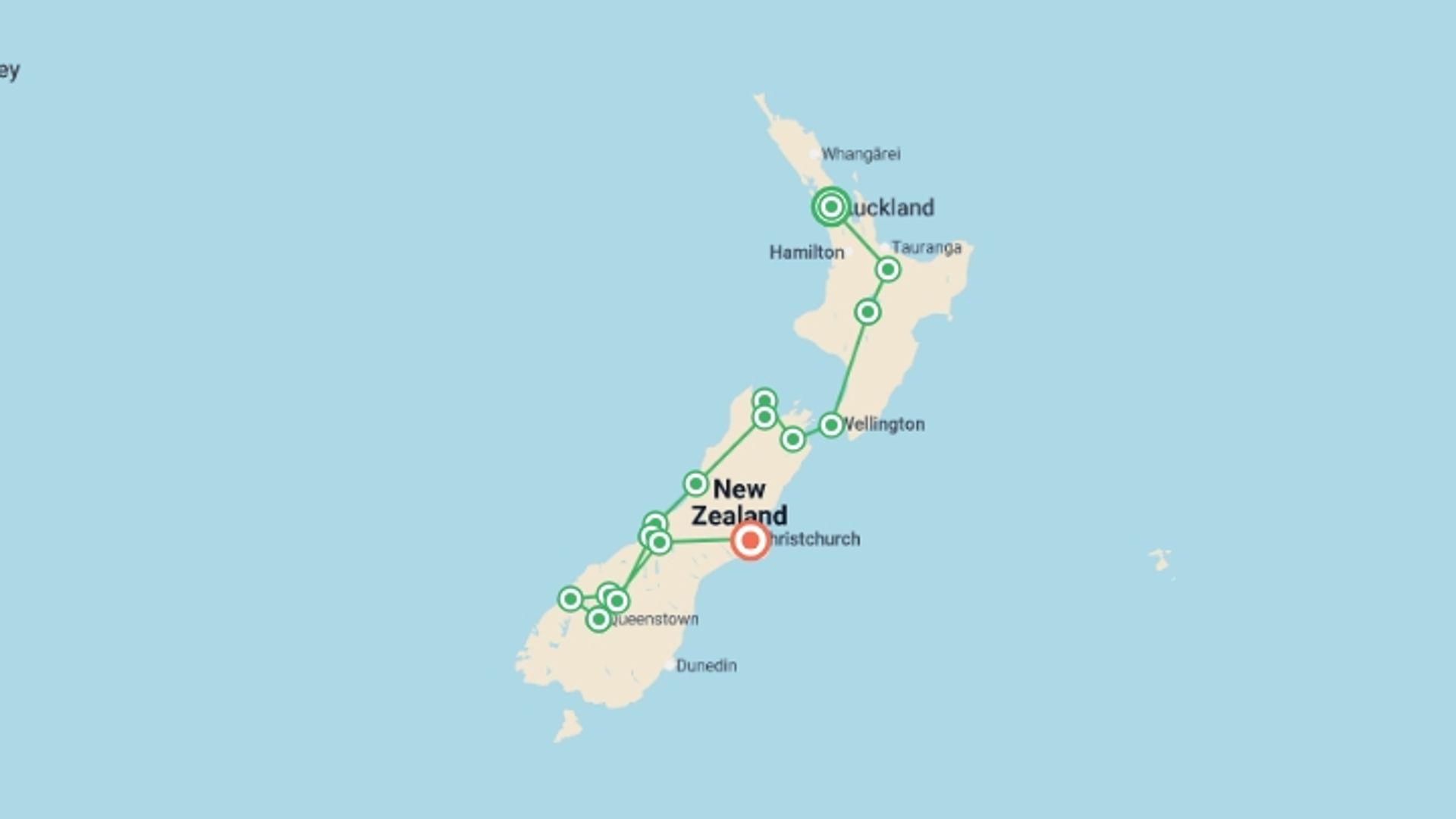 A map showing the tour itinerary for the trip: Discover New Zealand, starting in Auckland, New Zealand and ending in Christchurch, New Zealand going through 10 other destinations.