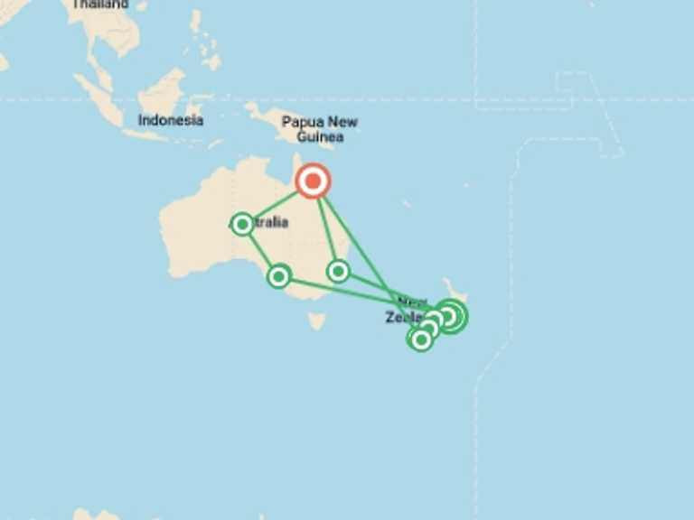 Map of Oceania Tour with 9 destination visits for the trip: Australia and New Zealand Uncovered 