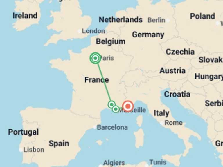 Map itinerary of Europe Tour in November 2026 with 4 destination visits for the trip: Scenic French Getaway Self Drive