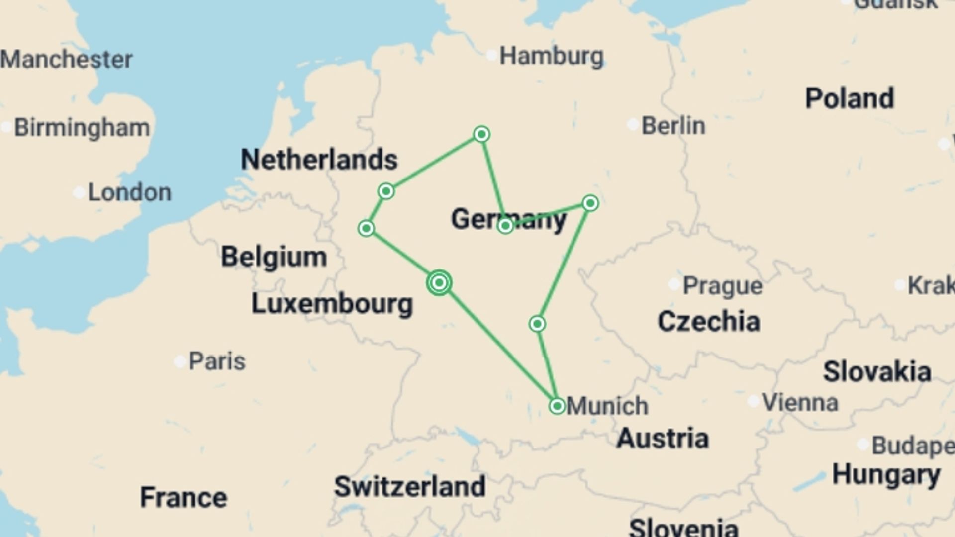 A map showing the tour itinerary for the trip: Tour of the Heart of Germany, starting in Frankfurt, Germany and ending in Frankfurt, Germany going through 6 other destinations.