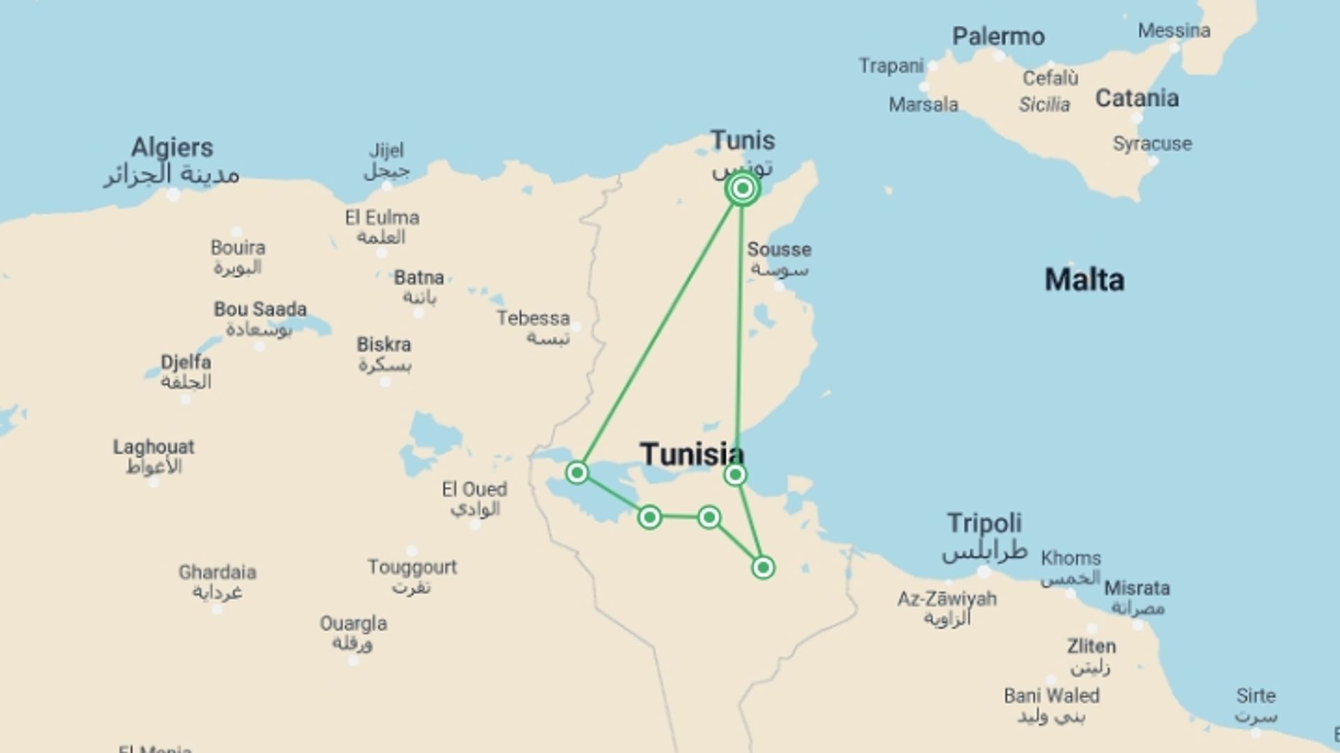A map showing the tour itinerary for the trip: Tunisia: 5-Day Discovery Private Tour, starting in Tunis, Tunisia and ending in Tunis, Tunisia going through 3 other destinations.
