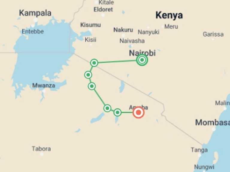 Map of Africa Wildlife safaris and game drives Tour with 9 destination visits for the trip: 9 Days Classic Kenya & Tanzania Safari From Nairobi