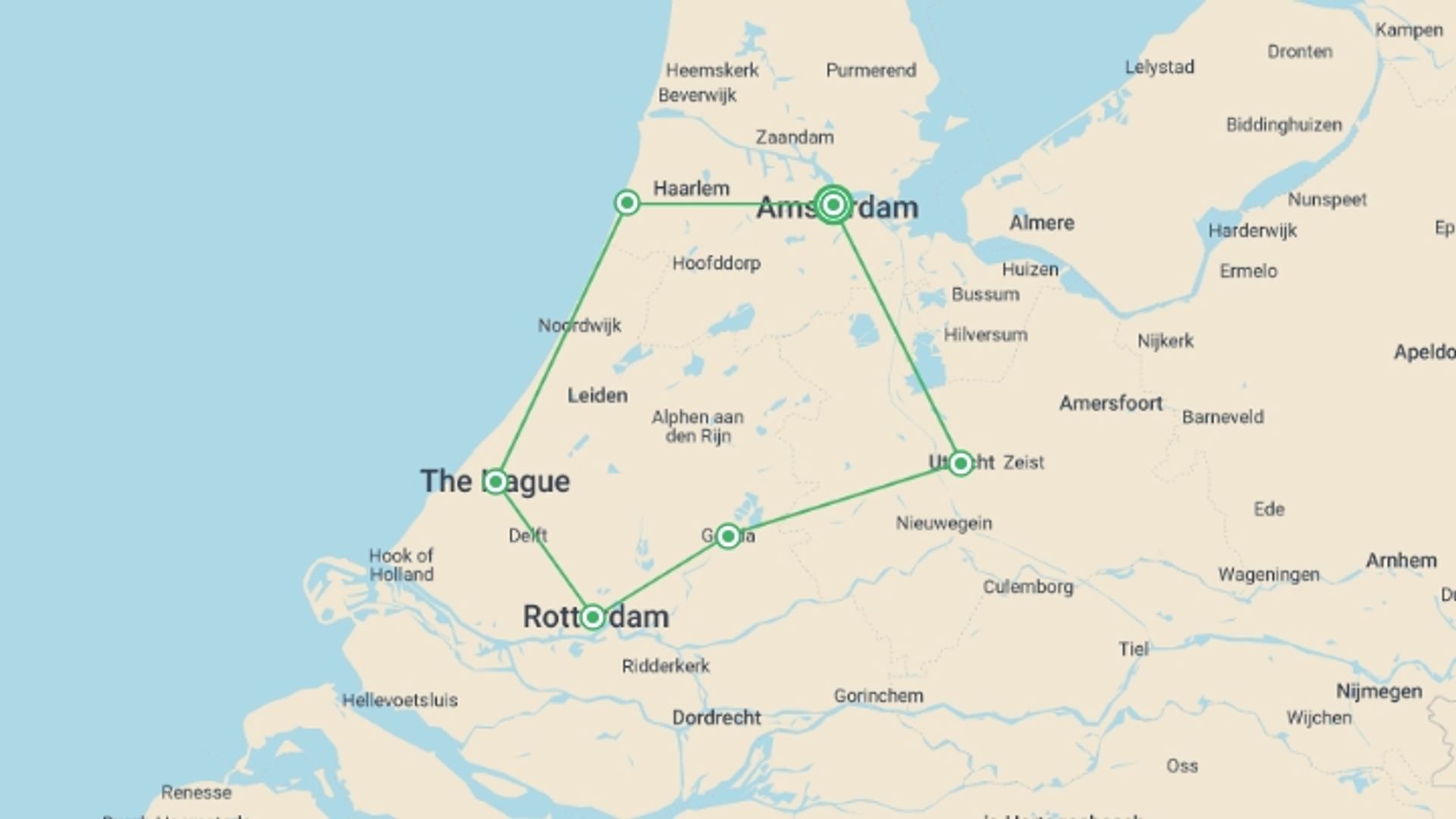A map showing the tour itinerary for the trip: Cycling the Highlights of Holland, starting in Amsterdam, Holland and ending in Amsterdam, Holland going through 5 other destinations.