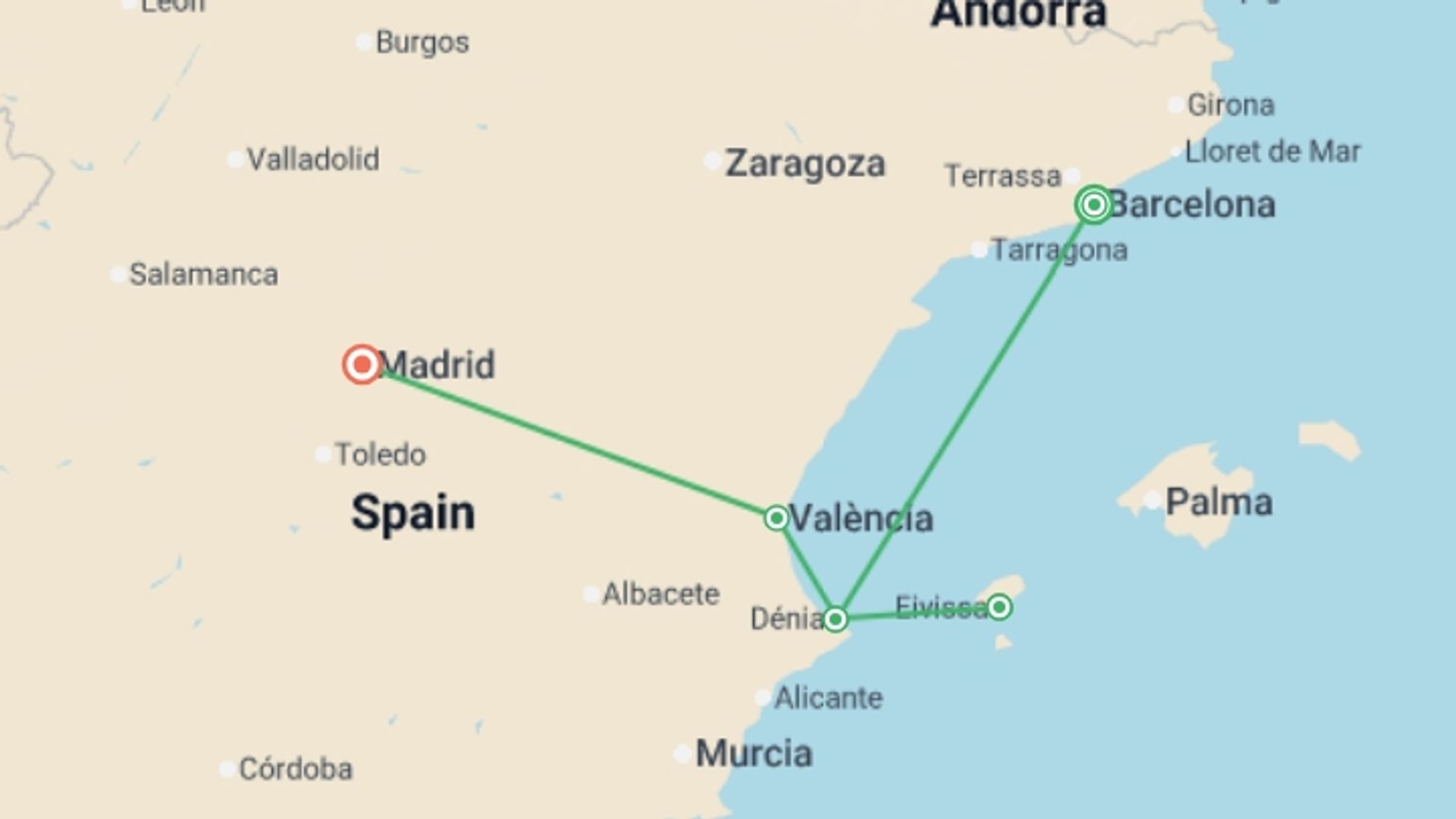A map showing the tour itinerary for the trip: Barcelona to Madrid, starting in Barcelona, Spain and ending in Madrid, Spain going through 2 other destinations.