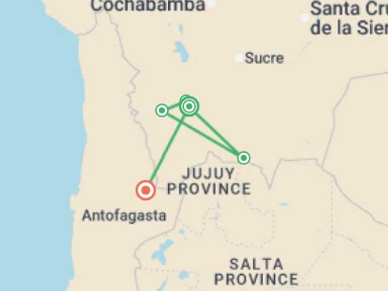 Map of San Pedro De Atacama Adventure Tour with 4 destination visits for the trip: Uyuni Salt Flats & Desert Adventure 3D/2N (Uyuni to Atacama)